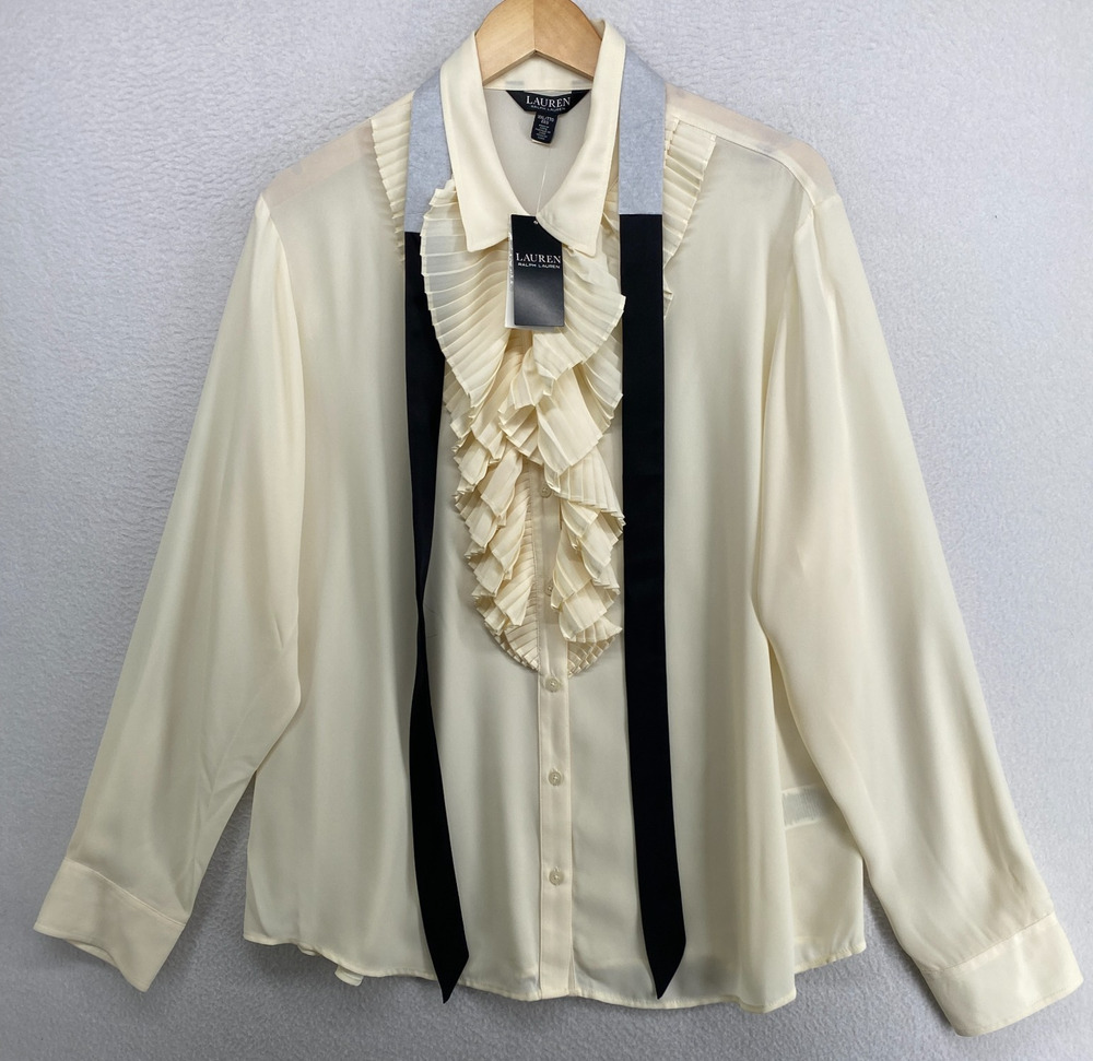 LAUREN RALPH LAUREN Top 2XL Ruffle Trim Georgette Tie Neck Shirt Off White NEW